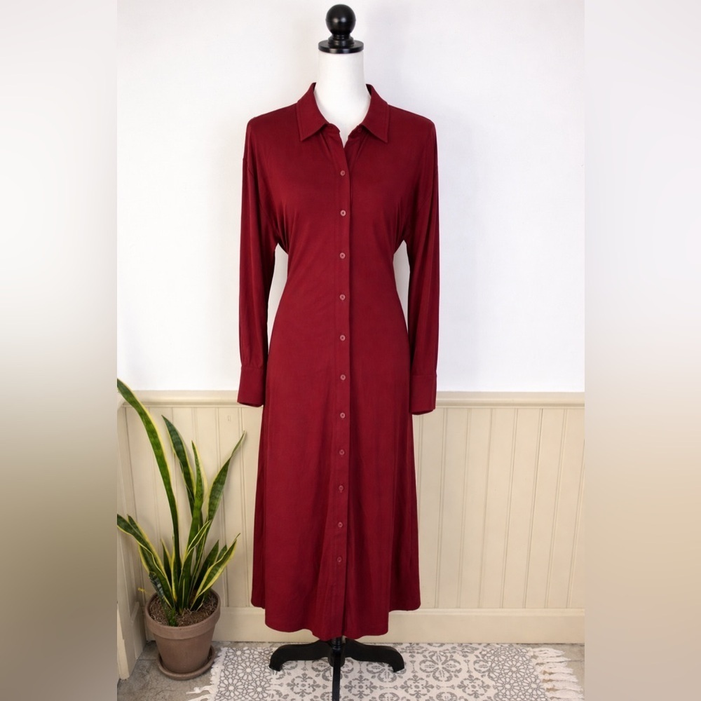 J Jason Wu Red Midi Shirt Dress M Bottom Down Workwear Chic Minimalist Corporate